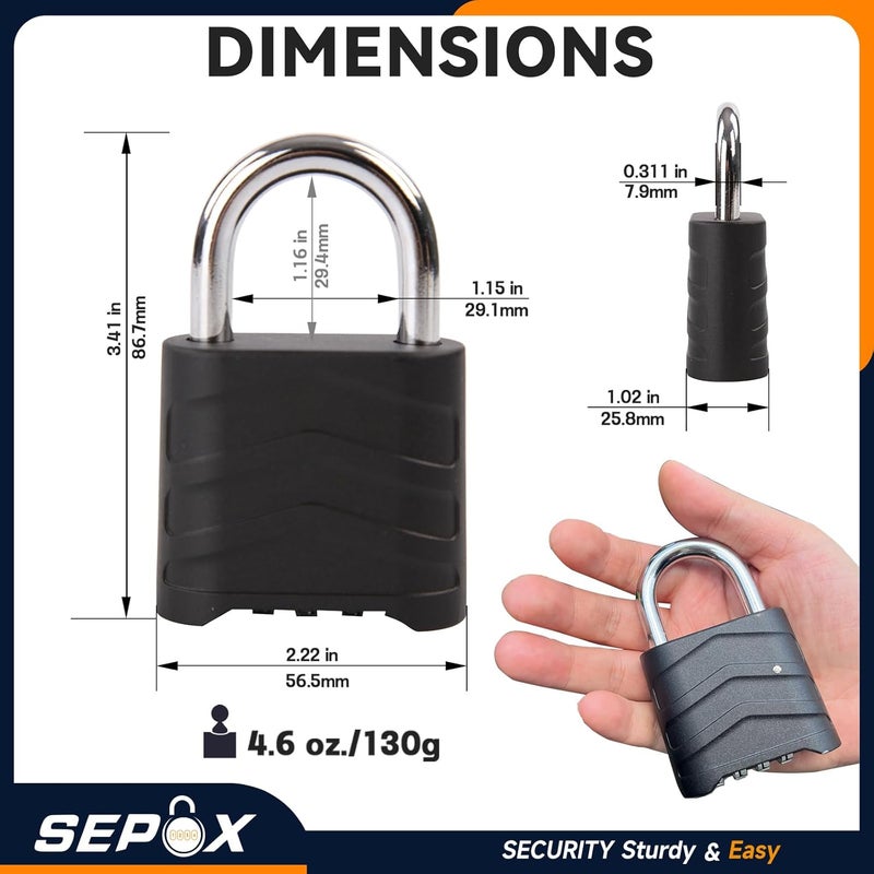 SEPOX 2PCS Large Combination Padlock, Outdoor Combo Lock 2.2" 55mm Heavy Duty Weatherproof, Ressetable 4 Digital, Security Aluminum Body, Uncuttable Shackle, for Warehouse, Home, School, Gate, Garden - Image 4